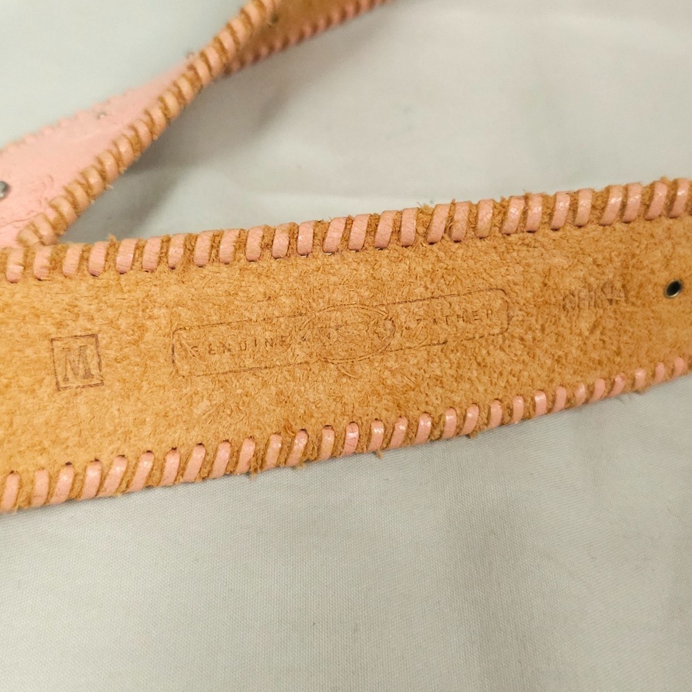 Fossil Western Belt Women Medium Pink Leather Woven Tooled Rhinestone Studded - Picture 9 of 12
